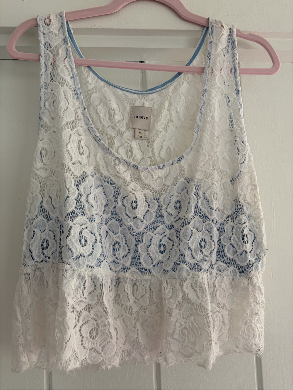Anthropologie Maeve White Lace Peplum Crop Top with Light Blue Underlay - Picture 11 of 15